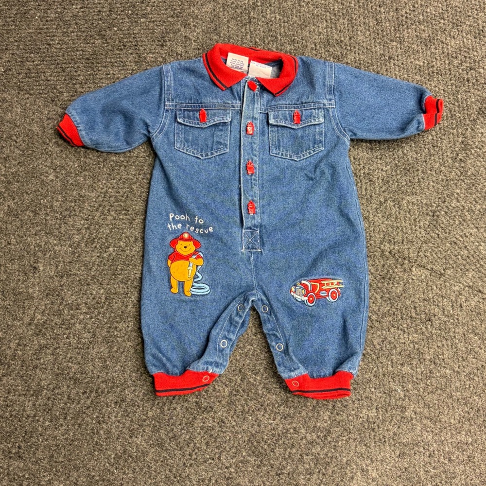 Vintage Disney Winnie the Pooh Denim Firefighter Romper Blue Red 6-9 Months